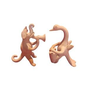 Whimsical Animal Musicians Elephant Swan Clay Figurines Bisque Folk Art Set